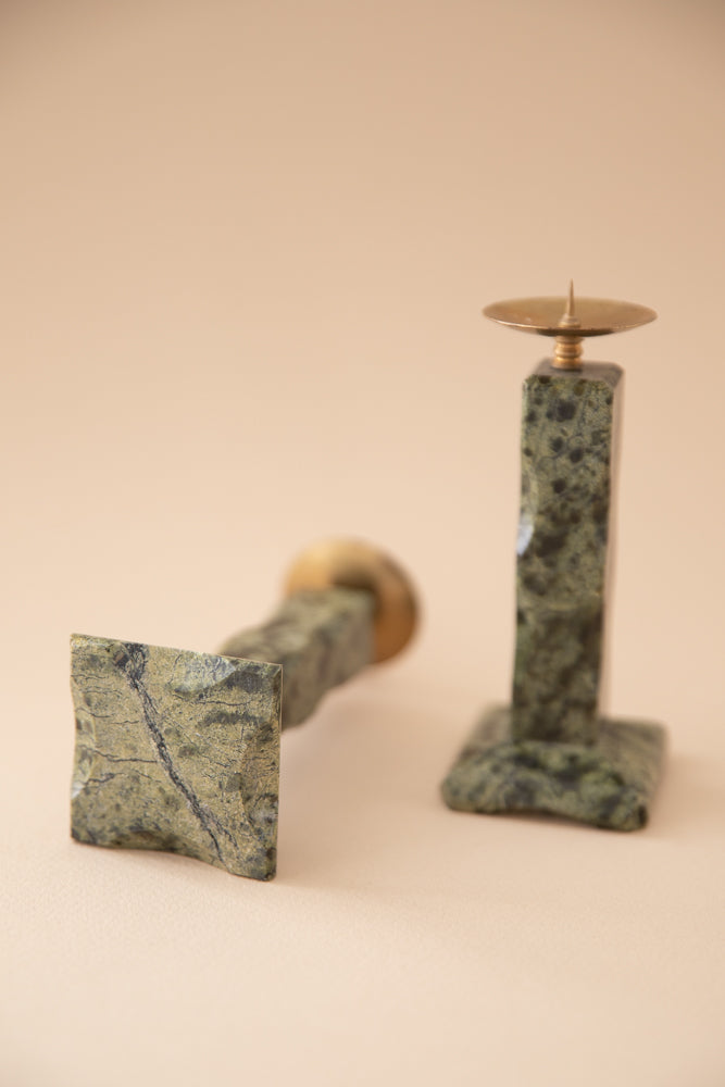 Green Marble + Brass Taper Candle Holders